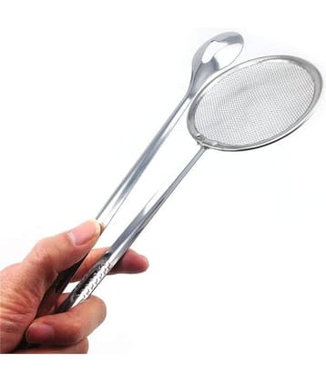 THRIFTKART Stainless Steel 2 in 1 Fry Tool Filter Spoon Strainer With Clip Tong Strainer (Set of 1)