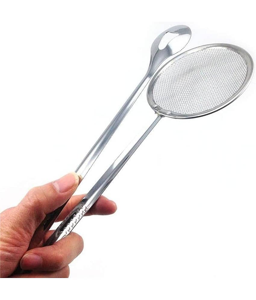 THRIFTKART Stainless Steel 2 in 1 Fry Tool Filter Spoon Strainer With Clip Tong Strainer (Set of 1)