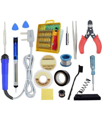 ALDECO: ( 17 in 1 ) SOLDERING IRON 25 Watt Professional Kit - Blue Iron, Wire, Flux, Wick, Stand, Tweezer, Tester, Jumping Wire, Tape, 2 Clip, Sponge Brush, Jackley 32, Desoldering Pump, Bit, Cutter