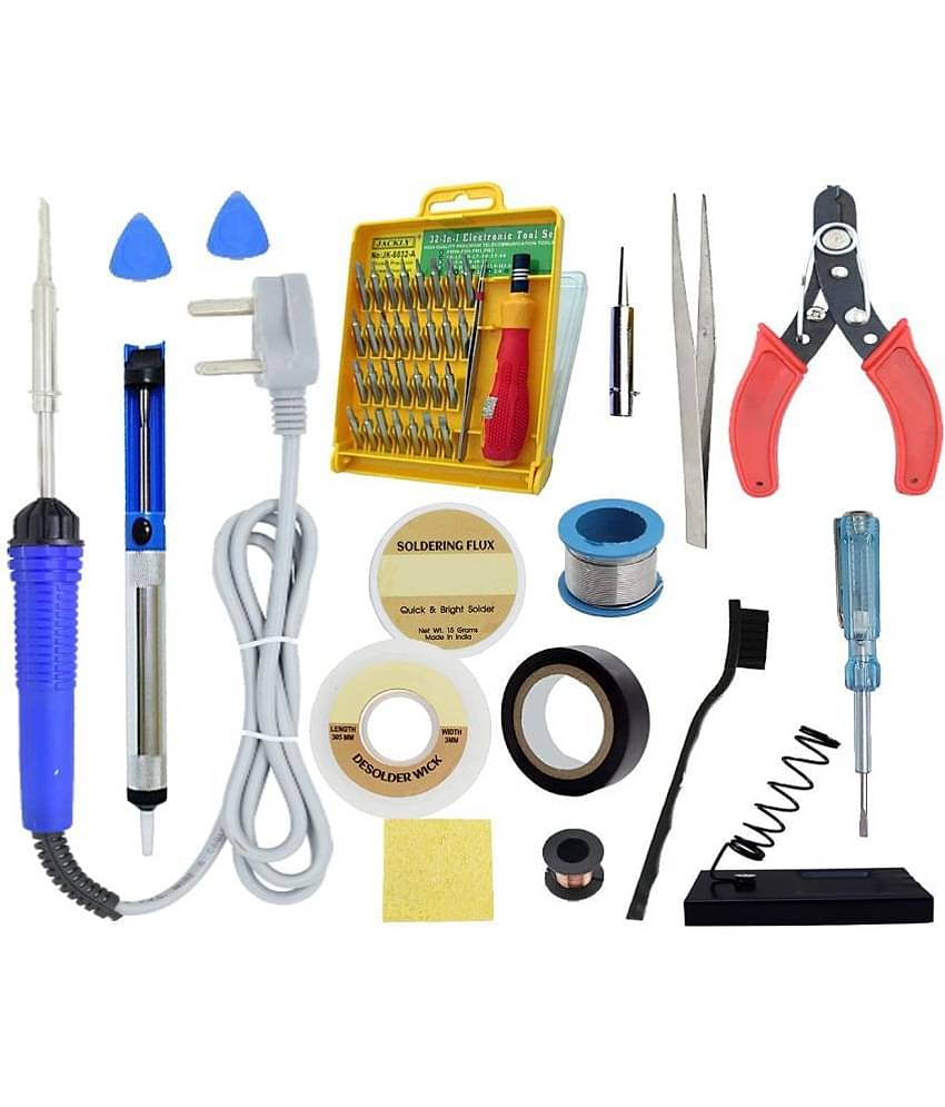 ALDECO: ( 17 in 1 ) SOLDERING IRON 25 Watt Professional Kit - Blue Iron, Wire, Flux, Wick, Stand, Tweezer, Tester, Jumping Wire, Tape, 2 Clip, Sponge Brush, Jackley 32, Desoldering Pump, Bit, Cutter