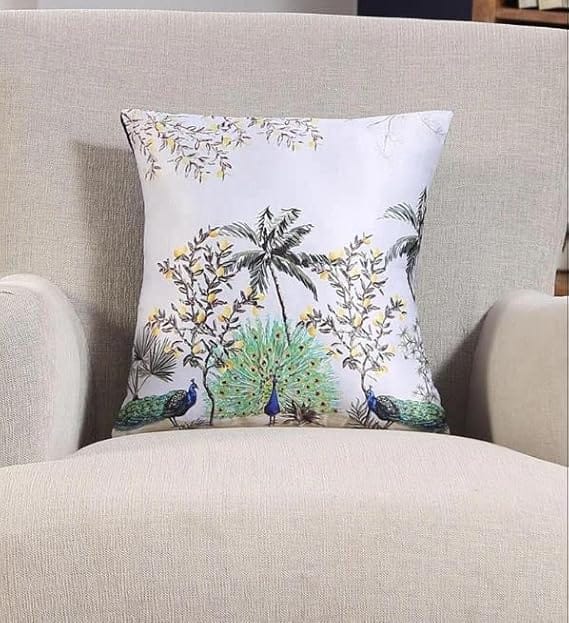 Koko Decorative Cushion Cover 16 x 16 Inch  Nature Print Peacock Design in Silver  Soft Textured Polyester Fabric  Square Pillow Cover for Bed, Sofa, Chair  Pack of 1