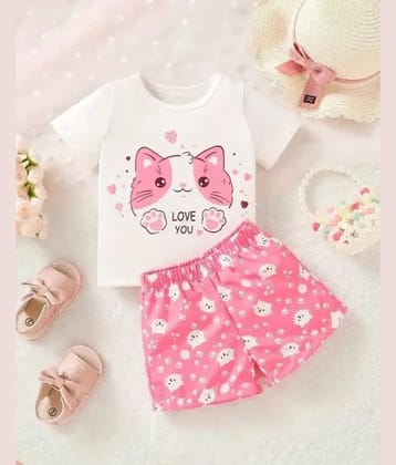 MUSNAH GARMENTS Pack of 1 Girls Cotton Top With Shorts ( White & Pink )
