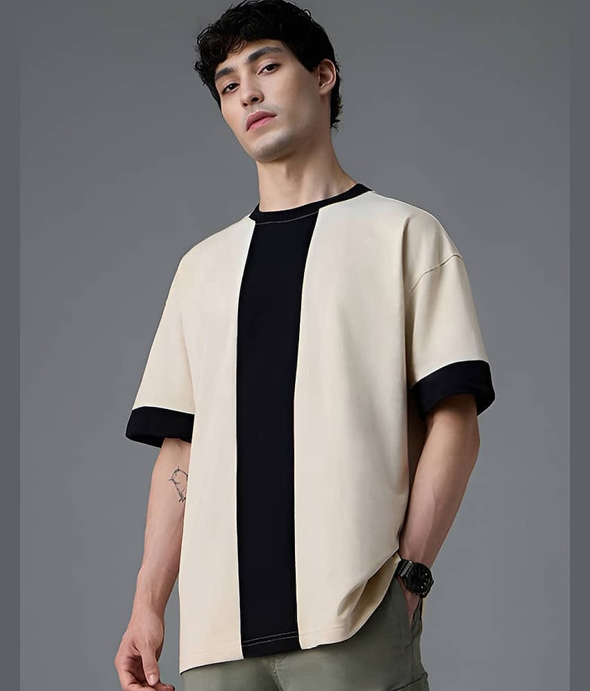 AUSK Men Cotton Blend Oversized Fit Printed T-Shirt ( Beige )