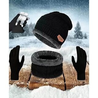 Fashlook Unisex Woolen Winter Beanie Cap with Scarf and Gloves (Black) Fashlook Unisex Woolen Winter Beanie Cap with Scarf and Gloves (Black)