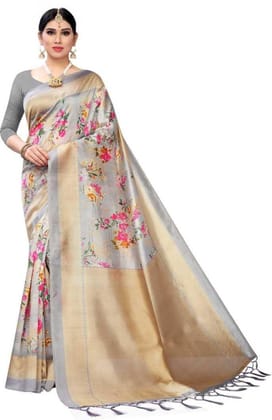 TheHangr Women's Beautiful Printed Art Silk Saree With Blouse Piece & Fancy Jhallar - Grey TheHangr Women's Beautiful Printed Art Silk Saree With Blouse Piece & Fancy Jhallar - Grey