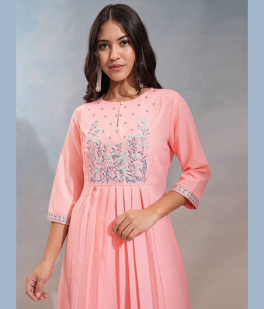 Vishudh Women Polyester Embroidered A-line Kurti ( Peach )