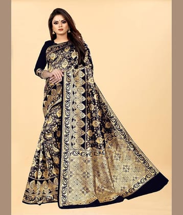 Gazal Fashions Banarasi Silk Embellished Saree With Unstitched Blouse Piece ( Black )