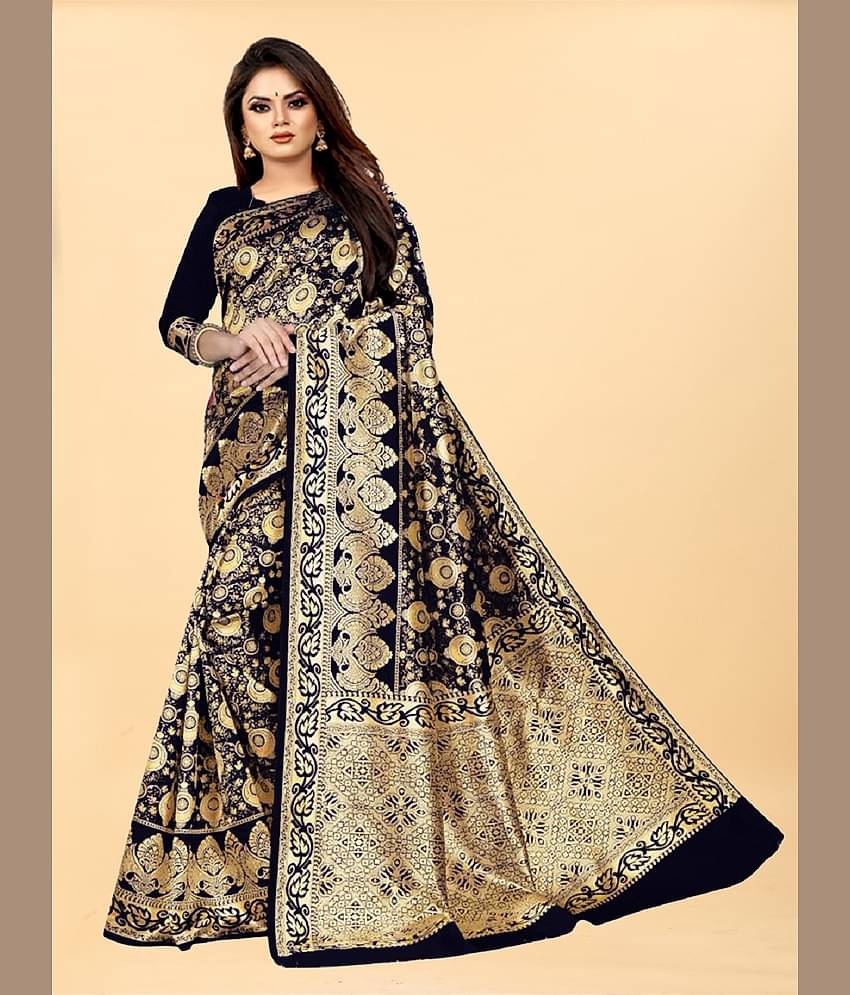 Gazal Fashions Banarasi Silk Embellished Saree With Unstitched Blouse Piece ( Black )