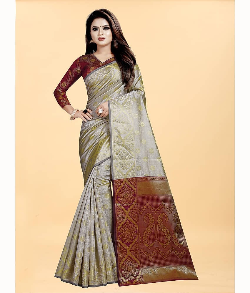 Gazal Fashions Banarasi Silk Embellished Saree With Unstitched Blouse Piece ( Red )