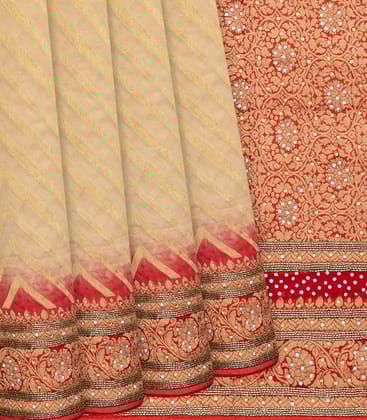 Beige Banarasi Khaddi Georgette Saree With Chevron Motifs-Beige-Beige