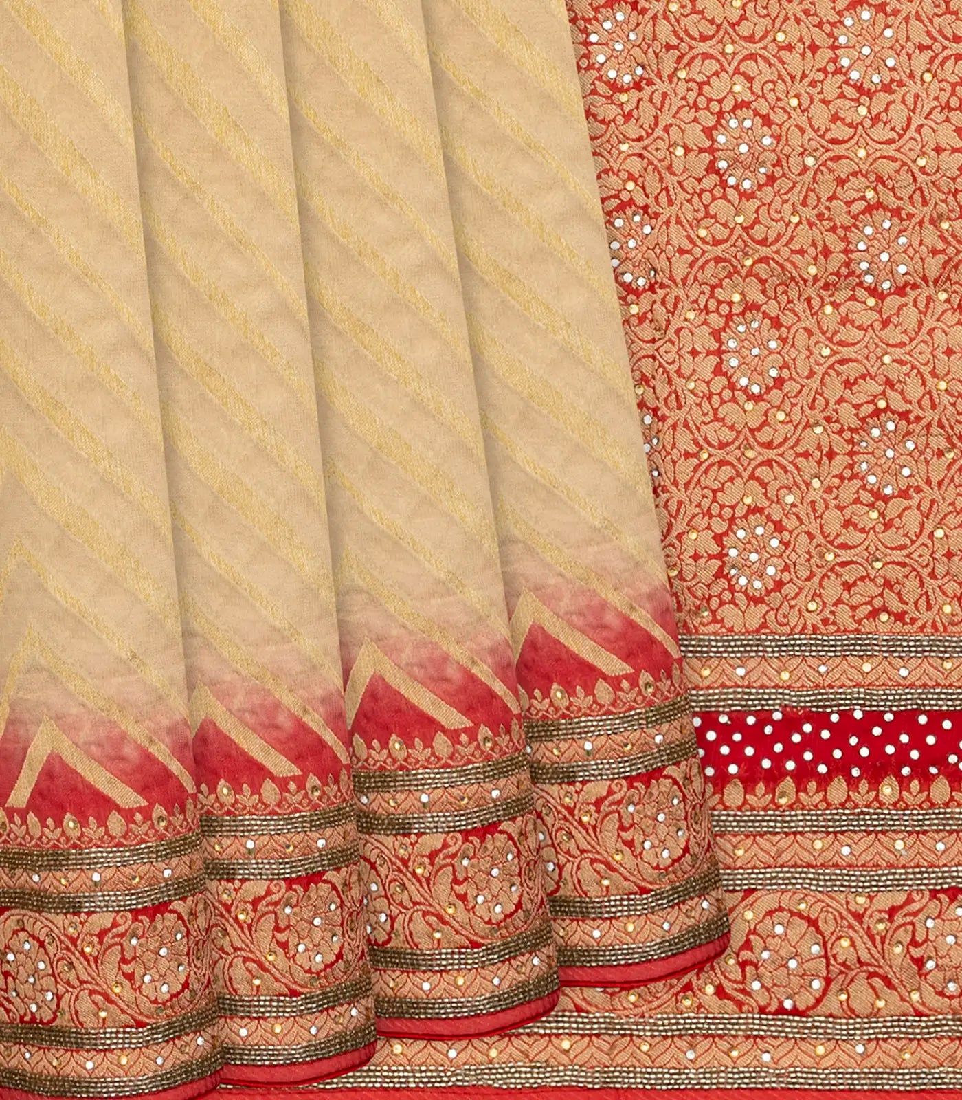 Beige Banarasi Khaddi Georgette Saree With Chevron Motifs-Beige-Beige