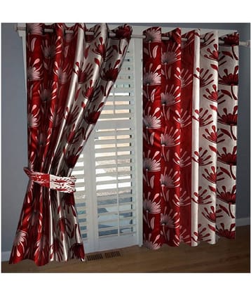 Phyto Home Floral Semi-Transparent Eyelet Window Curtain 5 ft Pack of 2 -Red