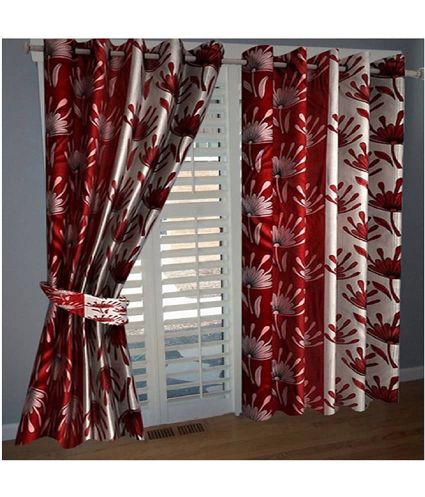 Phyto Home Floral Semi-Transparent Eyelet Window Curtain 5 ft Pack of 2 -Red
