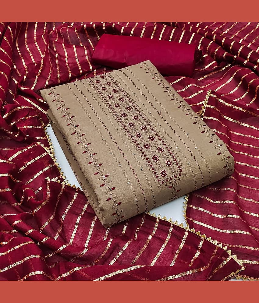 Rangtulika Ethnics Unstitched Cotton Embroidered Dress Material - Maroon ( Pack of 1 )