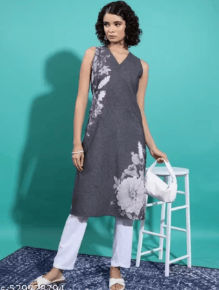Women Printed Cotton Blend Straight Kurta( Grey)
