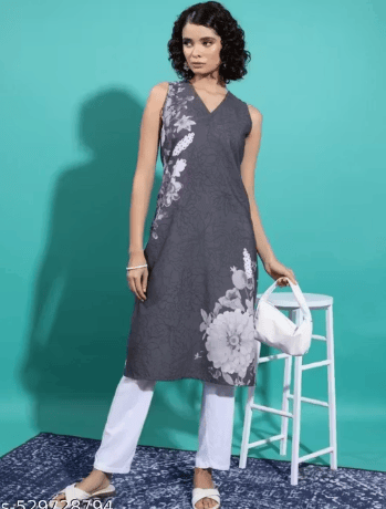Women Printed Cotton Blend Straight Kurta( Grey)