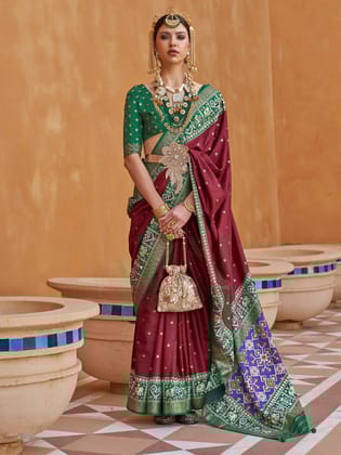 Dark Maroon Woven Designed Patola Silk Saree