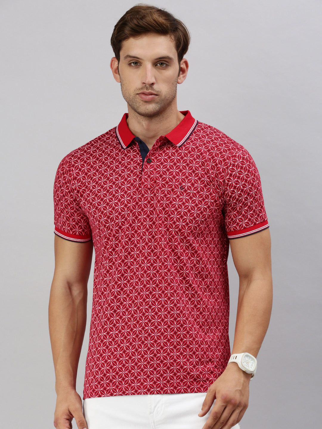 Classic Polo Men's Half Sleeve Red/White Polo Neck Cotton Slim Fit T Shirt | BELLO - 298 B SF P