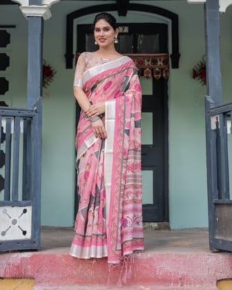 Elegant Pink and White Pure Cotton Linen Saree with Floral and Foliage Prints, Contrast Border, and Tassels-Regular