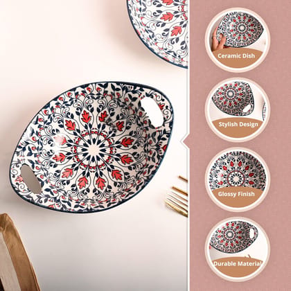 Elegant Ceramic Floral Mandala Serving Bowl with Handles - Red & Blue Design