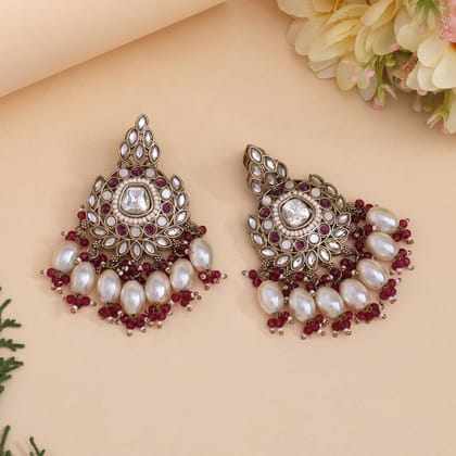 Magenta Color Kundan Earrings (KDE1007MNT)-Length: 7.50 CM x Width: 4.00 CM / Magenta / Alloy With Good Quality Mehndi Gold Plated