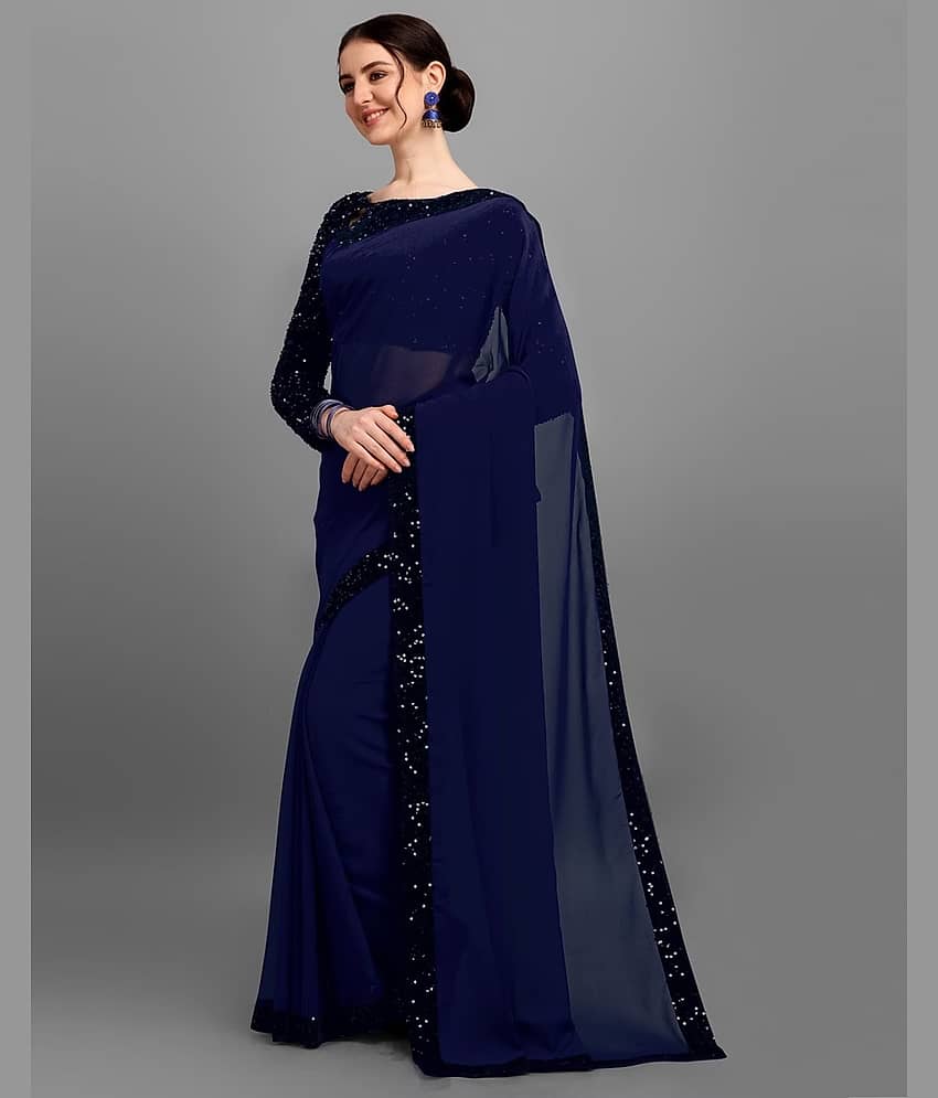 A TO Z CART Banarasi Silk Embellished Saree With Unstitched Blouse Piece ( Navy Blue )