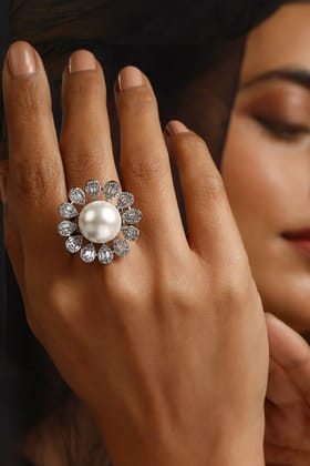 Margot White Zirconia and Pearl Ring-Zirconia