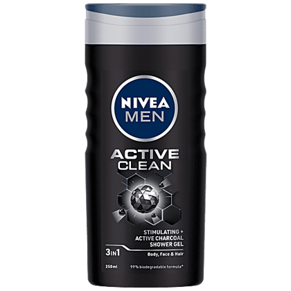 Nivea Men Active Clean Shower Gel - With Active Charcoal, For Body, Face & Hair, 250 ml