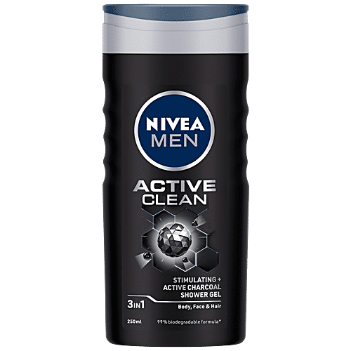 Nivea Men Active Clean Shower Gel - With Active Charcoal, For Body, Face & Hair, 250 ml