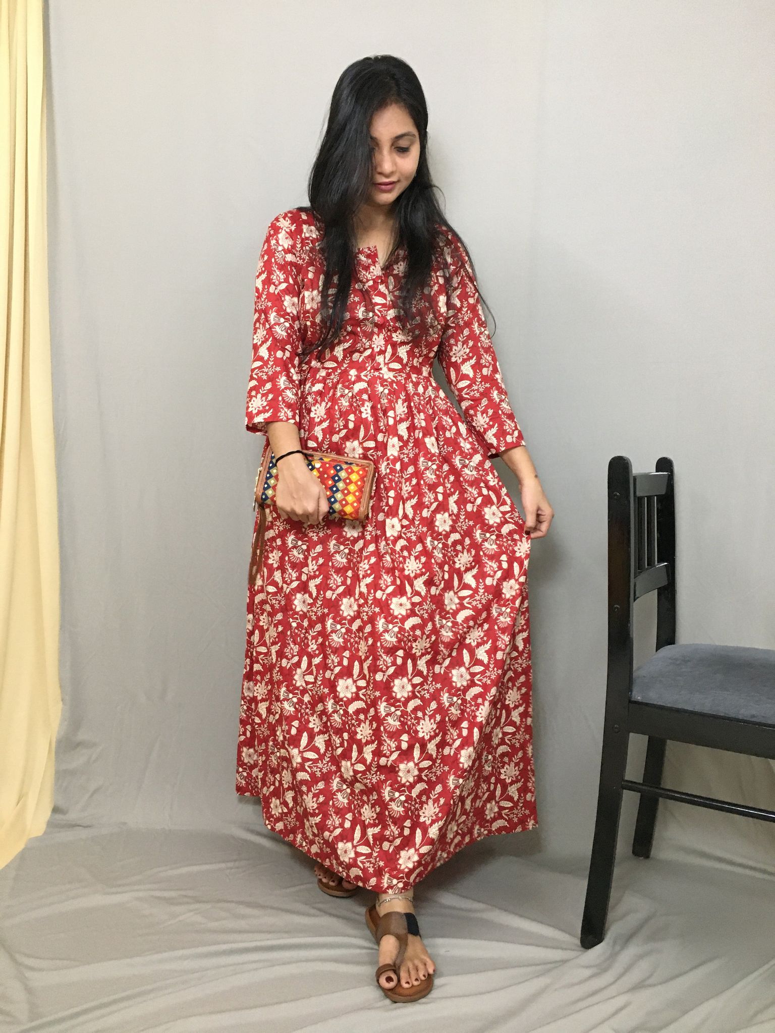 Maroon Forrest Print - Maternity Kurti with Feeding Zips - Cotton Flex - Thicker Fabric-36 - 38 ( S - M )