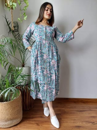 Joyful Blockprinted Cotton Pastel Blue Long Dress-36(S)