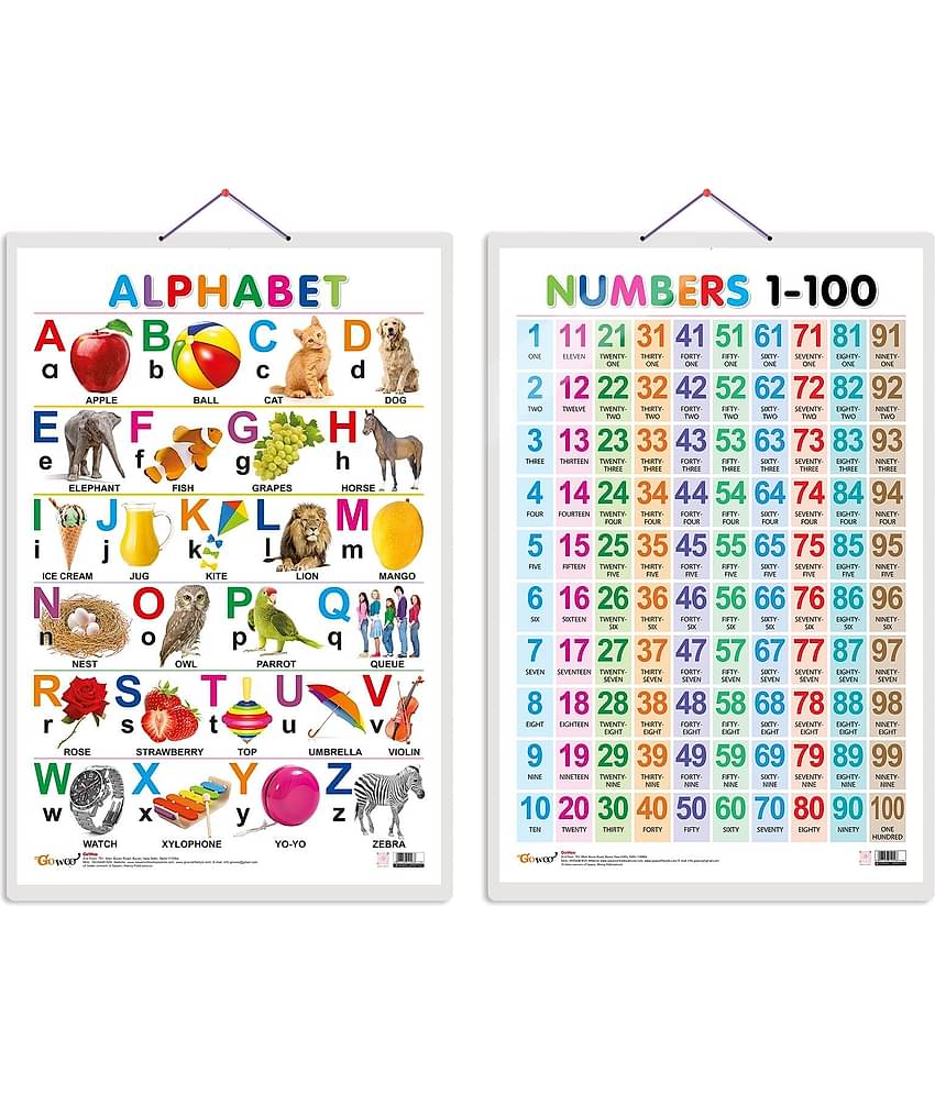 Set of 2 Alphabet and Numbers 1-100 Early Learning Educational Charts for Kids | 20"X30" inch |Non-Tearable and Waterproof | Double Sided Laminated | Perfect for Homeschooling, Kindergarten and Nursery Students