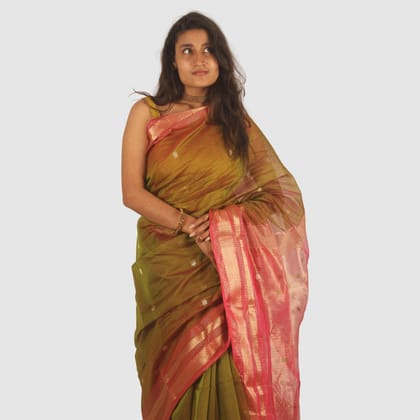Authentic Maheshwari Cotton Silk Handloom Saree with Unstitched Blouse Olive Green