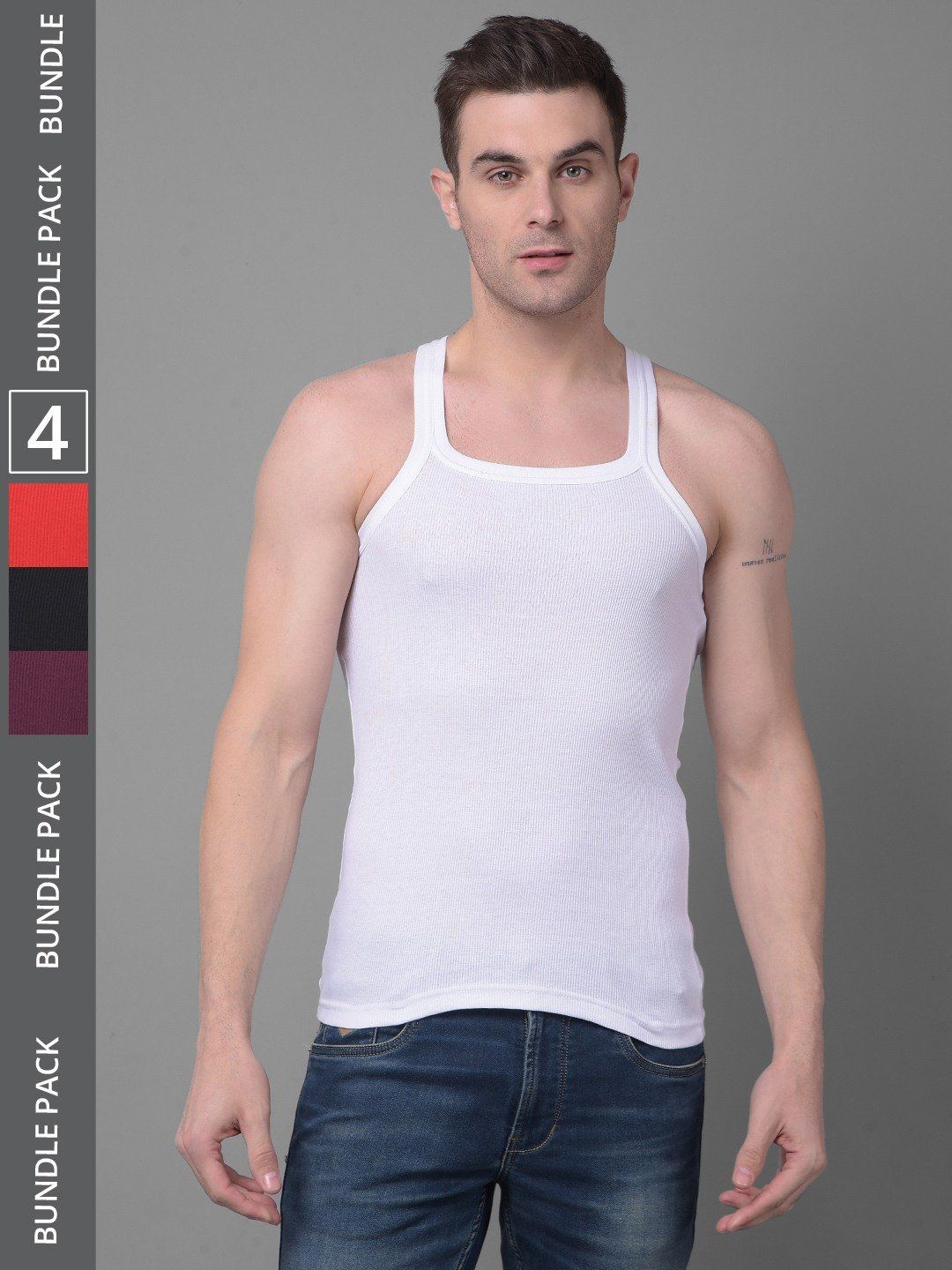 Men's Assorted Pack of 4 Solid Combed Cotton Racerback Styled Gym Vest
