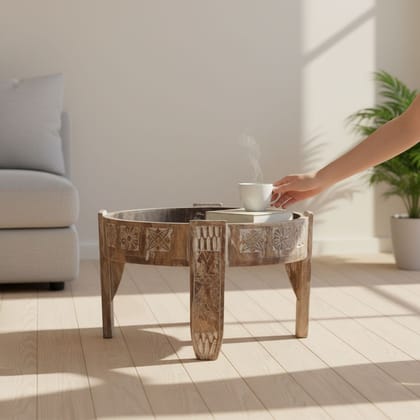 Antique Wooden Craved Vintage Round Coffee Table with Storage