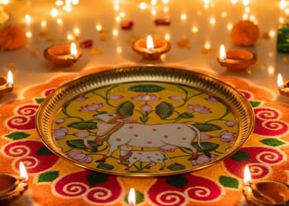 Gold Traditional Hand-Painted Brass Decorative Plate, Yellow With Cow Peacock And Lotus Design With Border