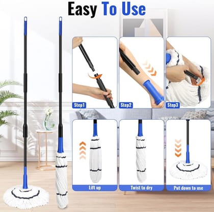 Self Wringing Squeeze Twist Mop, Microfiber Twisting Mop, Extendable Stainless Steel Handle, Reusable, Home, Office, Shop, Factory, Hospital, Cleaning Mop