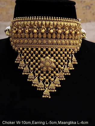 Flower on mesh design gold plated rajputi choker set with leaf design and ghunghru hangings