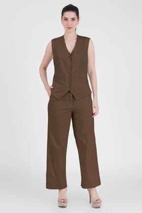 Linen Blend, Waistcoat And Trousers Co-ord Set - Taupe-XS / XS