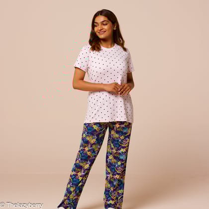 Mix and Match Polka & Floral Print Knit Night Dress: Classic Charm for Restful Evenings-Single free size for all (xl)