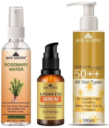 Bon Austin Rosemary Water | Hair Spray For Regrowth | Hair Growth Expert 100ml, Under Eye Serum 30ML & UVA & UVB Protection Sunscreen 100ml  - Set of 3 Items