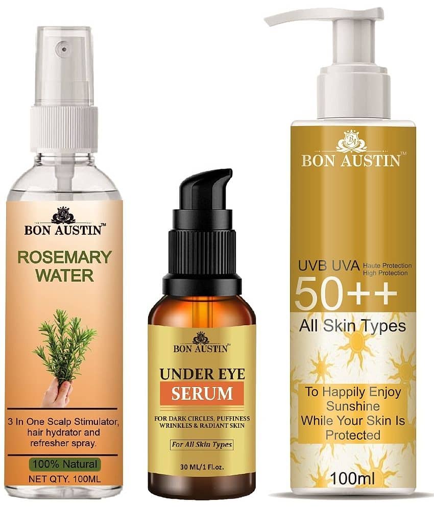 Bon Austin Rosemary Water | Hair Spray For Regrowth | Hair Growth Expert 100ml, Under Eye Serum 30ML & UVA & UVB Protection Sunscreen 100ml  - Set of 3 Items