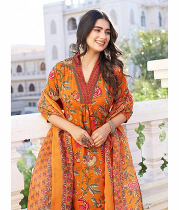 YAGNIK FASHION Women Rayon Printed Anarkali Kurti With Palazzo ( Orange )