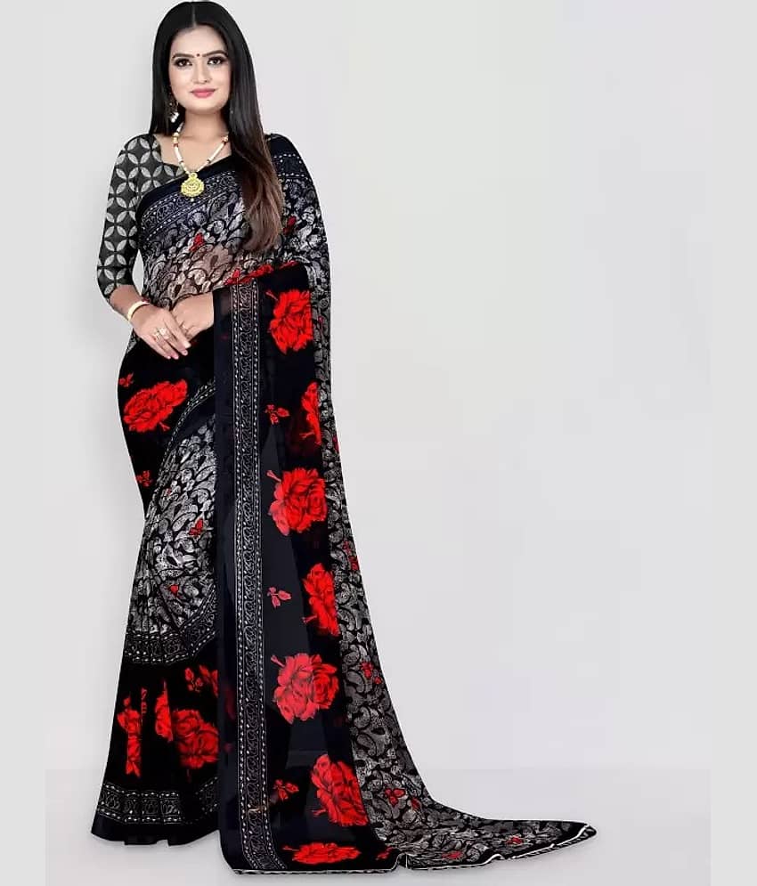Suntex Georgette Printed Saree With Unstitched Blouse Piece ( Black )