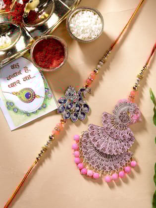 NVR Unisex Set of 2 Multicolor Peacock Design Stone-Studded & Beaded Bhaiya Bhabhi Rakhi With Roli Chawal-Freesize / Multi / Brass