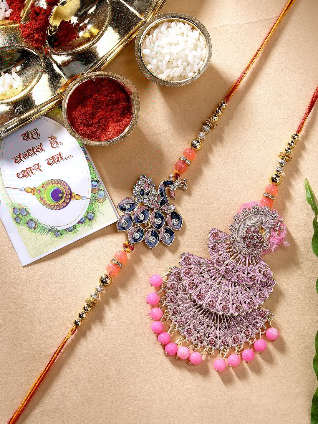 NVR Unisex Set of 2 Multicolor Peacock Design Stone-Studded & Beaded Bhaiya Bhabhi Rakhi With Roli Chawal-Freesize / Multi / Brass