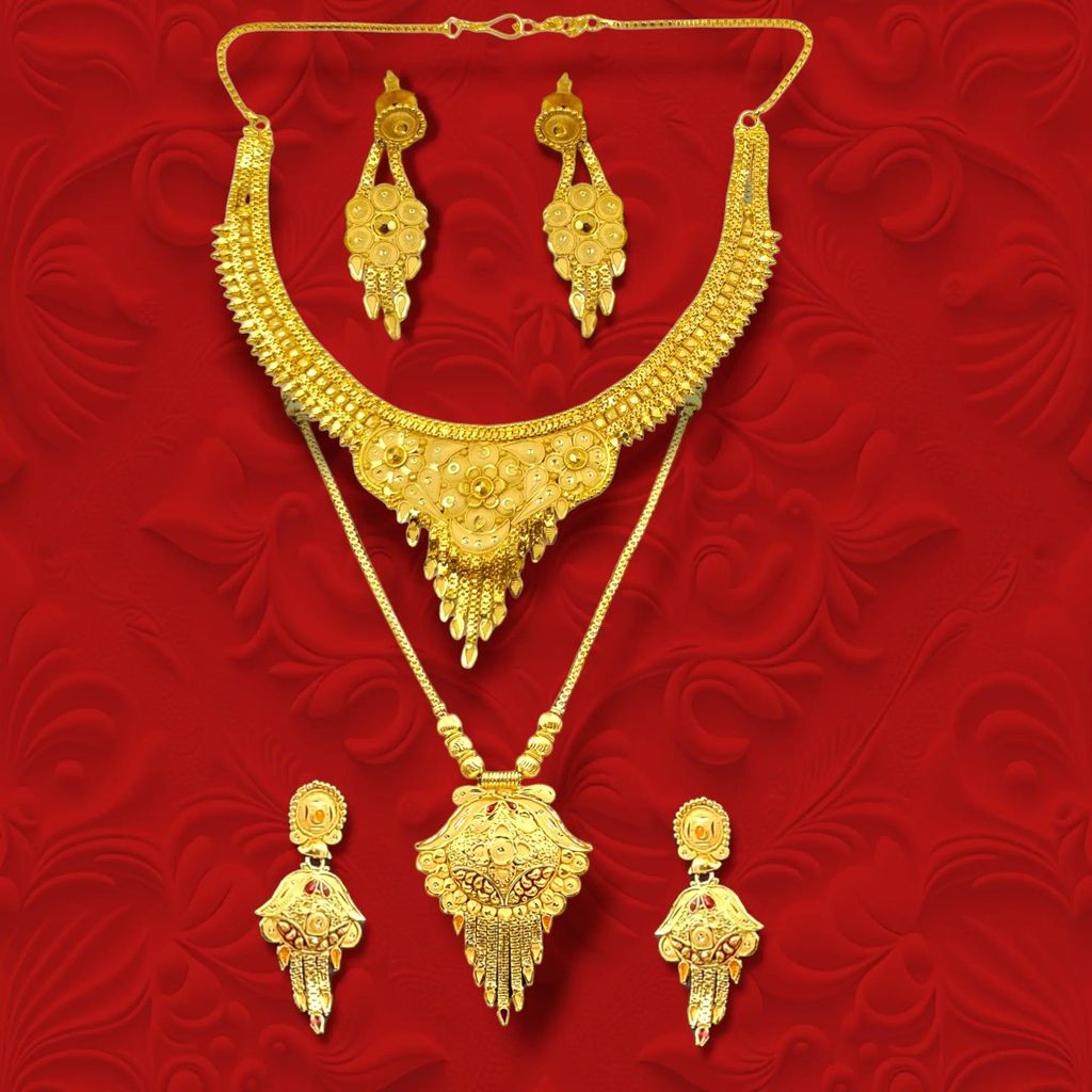Exclusive One Gram Gold Bridal Combo Set: Choker, Long Necklace, and Earrings