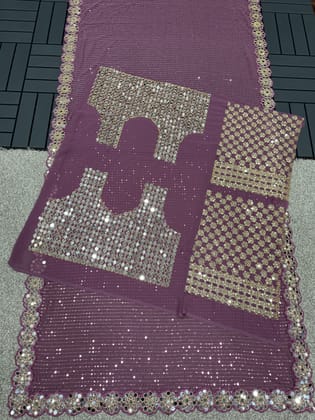 New Partywear Faux Georgette Sequence n Real Mirror Work Fancy Designer Saree With Blouse Piece-Onion