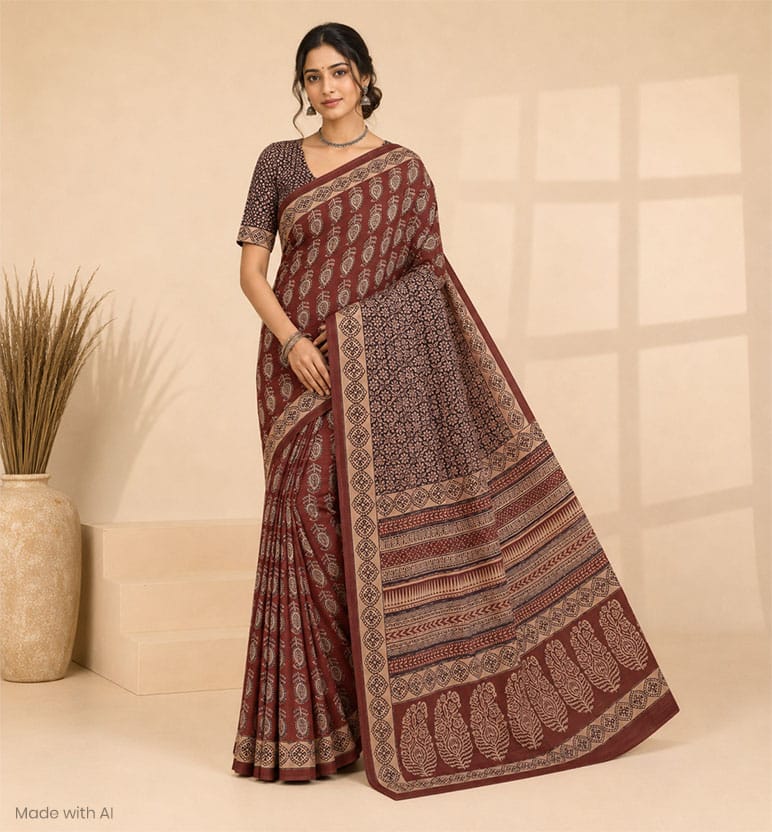 Handcrafted Bagh Print Kosa Silk Saree