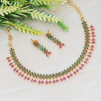 Elegant Green and Pink Teardrop Necklace and Earring Set with Gold Accents